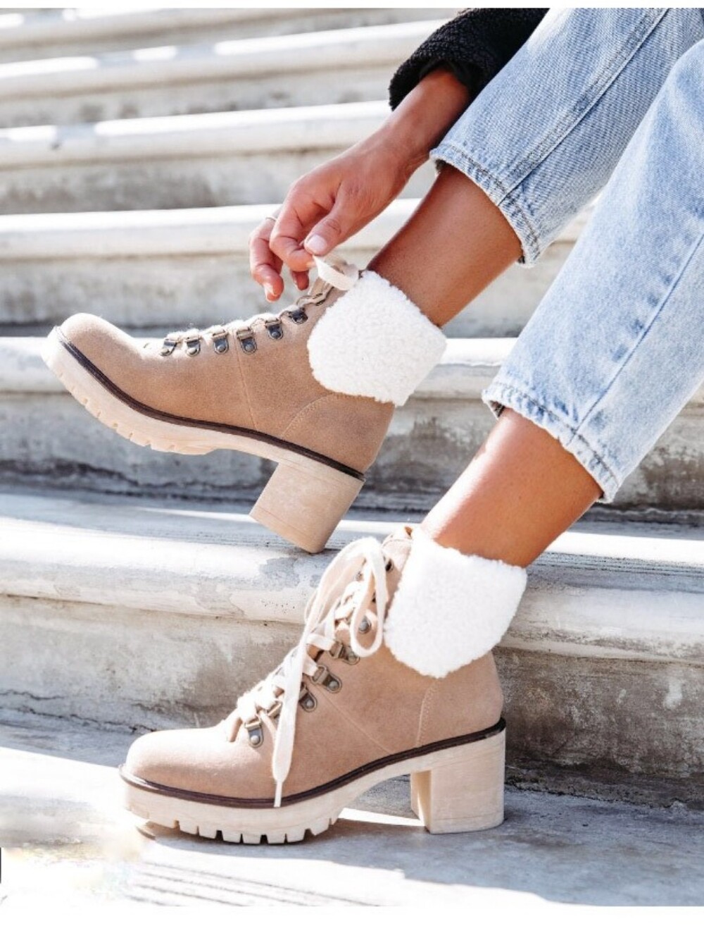 New Varuna II Taupe Suede Women's Faux-Shearling Lace-Up Hiker Boots w/ Heel